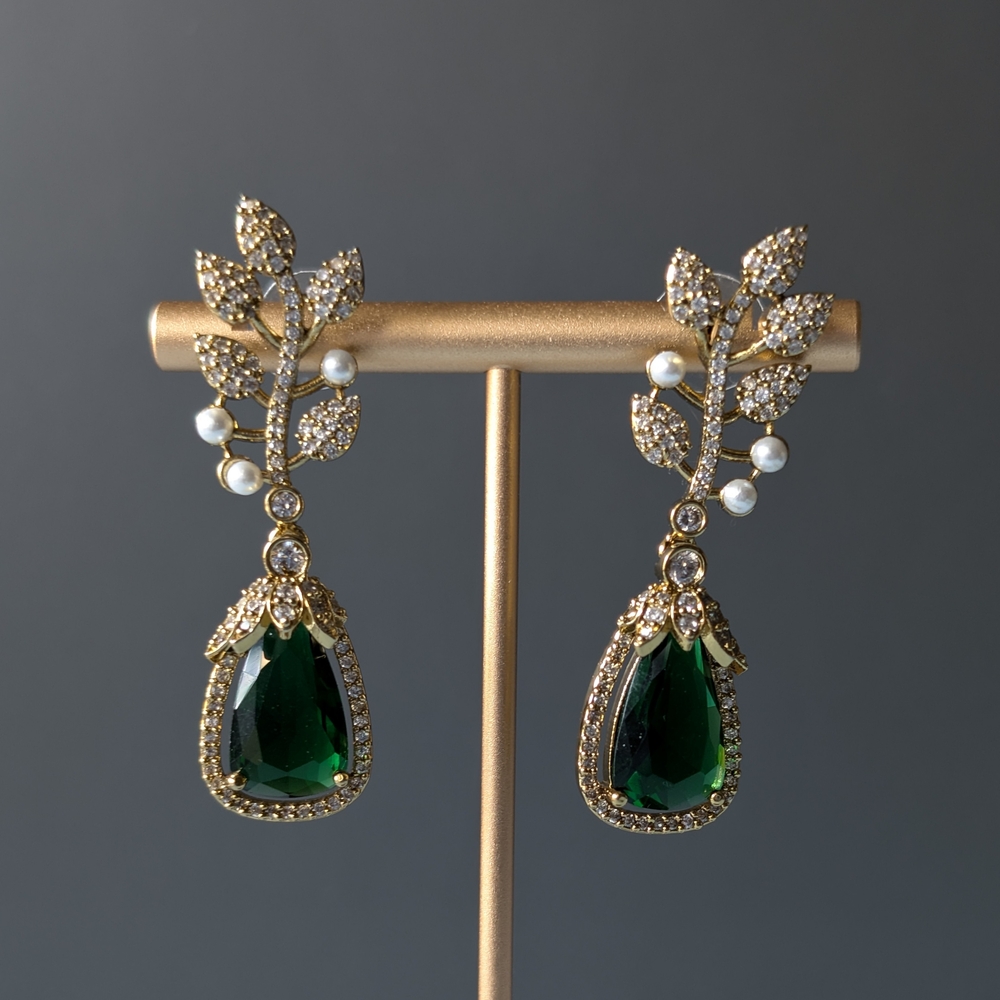 Gold-Tone Green Teardrop Leaf Drop Earrings